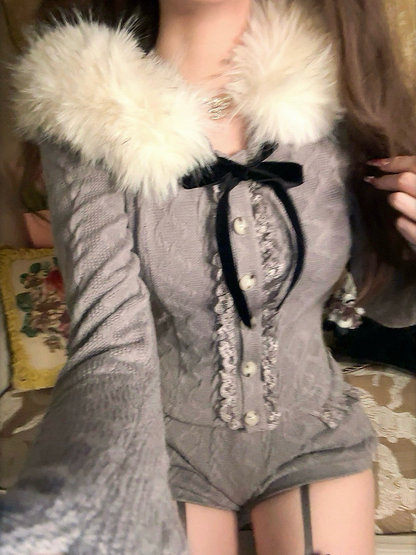 Pelz Mit Kapuze Kragen Detail Strickjacke Schwarz Grau Strick Faux Schleife