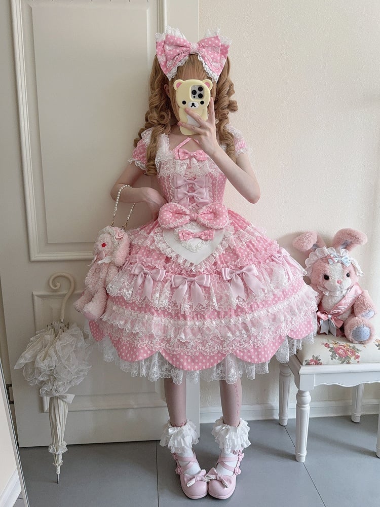 Old Bow Sweet Lolita Dots Kleid Rosa Polka Akzente Muster Schule Kurze Ärmel