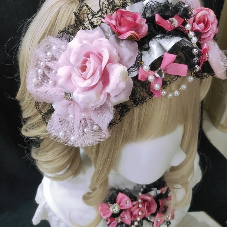 Trim Hairband Heart Decorated Design BlackPink Beaded Floral Bowknot Charm Rhinestone Lace
