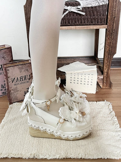 White Kawaii Bowknot Lace Round Toe Shoes with Rabbit Ears - Cheese Mango