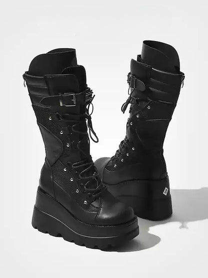 Studded with Boots Back Zip Gothic Mid-Calf Black Platform Buckle Strap Closure Sole -