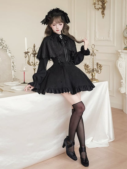 False Jirai Two-Piece Lace-up Black Cape Kei-inspired with Details Dress