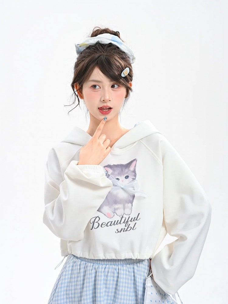 Print Drawstring Hem Blue Hoodie Plaid Adorable Cartoon Kitty Hood White