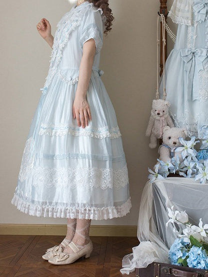 Blue Peter Pan Collar Lolita Long Dress with Lace and Embroidery