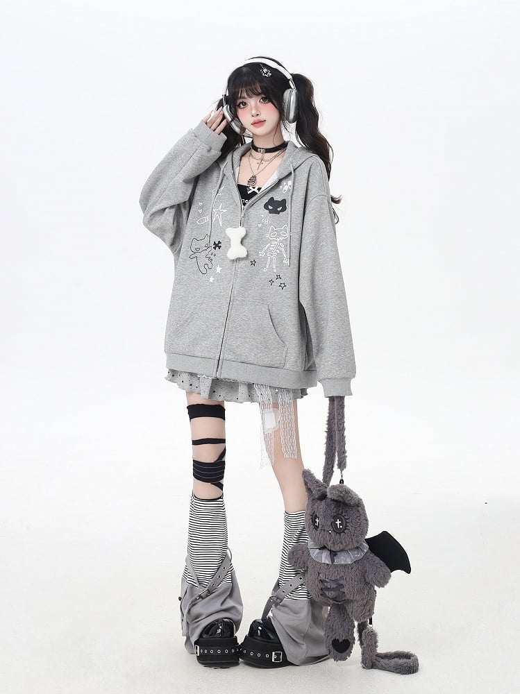 Bone Plushie Black/Gray Zip-up Hoodie with Kitty Ears Hood and