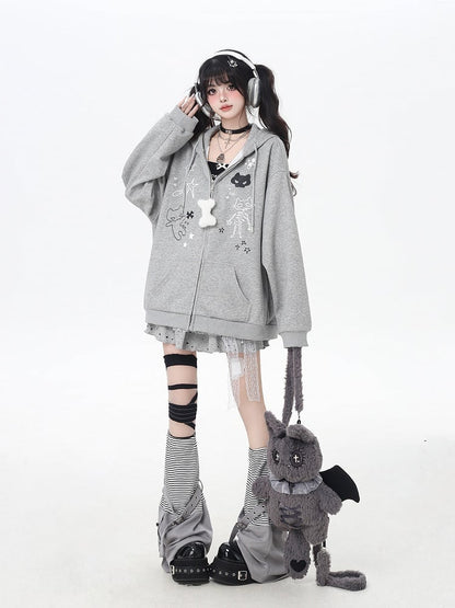 Bone Plushie Black/Gray Zip-up Hoodie with Kitty Ears Hood and