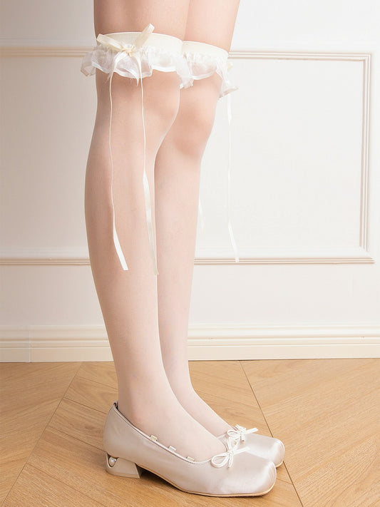 Lace Creamy Sheer Bowknot with Stockings and White/Black Trim
