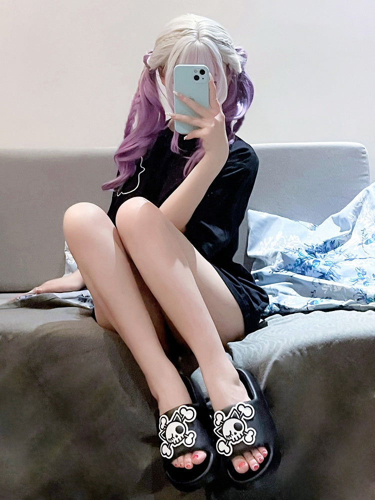 ホワイトゴシックサマー＆アップリケスケルトンスリッパ（ブラック）