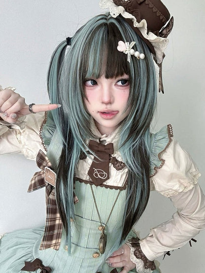 Mint Green & Chocolate Highlight 73cm Straight Full Bangs Wig - Alice Garden