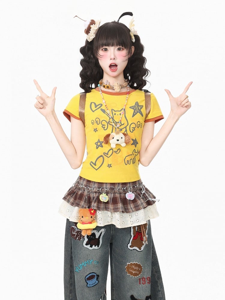 Yellow Crew Neck Short Sleeve T-Shirt with Graffiti Prints - Languid Park