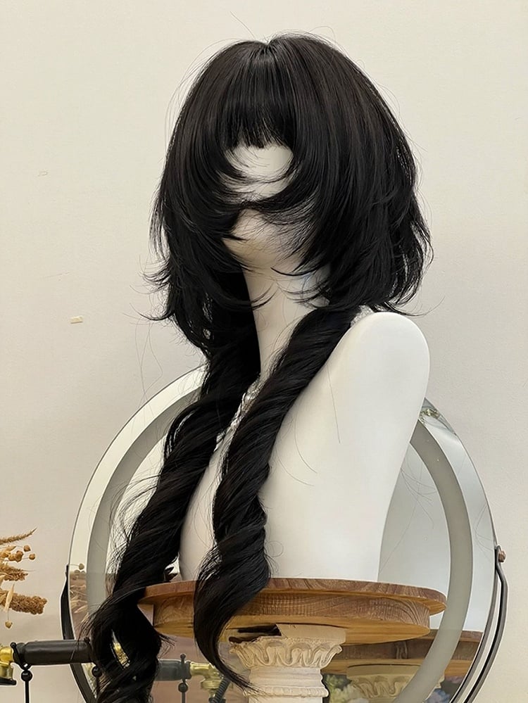 Black 72cm Roman Curly Full Bangs Wig - Alice Garden