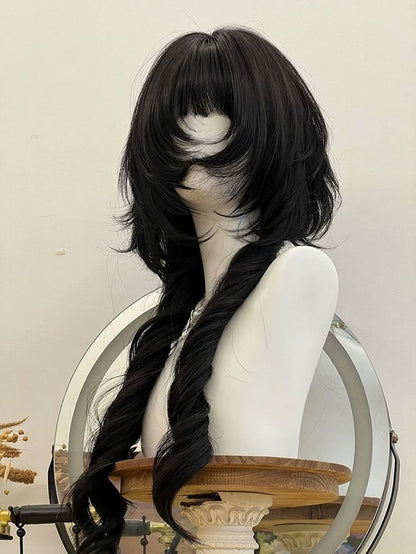 Black 72cm Roman Curly Full Bangs Wig - Alice Garden