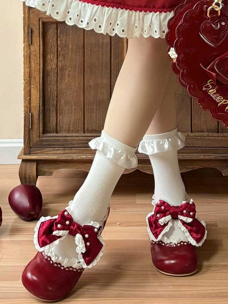 Embellished Bow Sweet Accent Red Leather PU Beads Trim Heels in Lace Mid