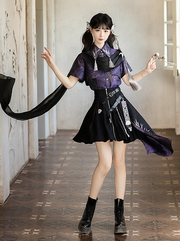 Purple Bamboo Leaf Embroidered Hanfu Blouse & Black High-Low Hem Skirt Set - Han Ru Chu Hanfu & Han-Element Studi
