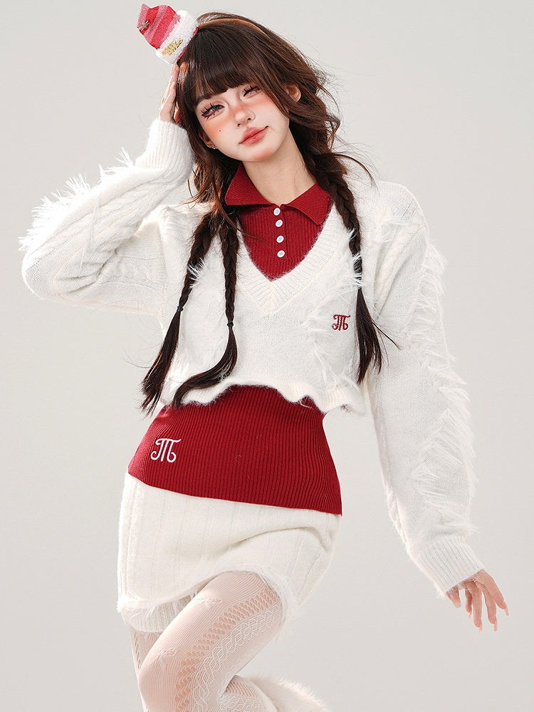V-Ausschnitt Mini Top Cropped + Rock + Weißer Strick Weiß Set Pullover Rot