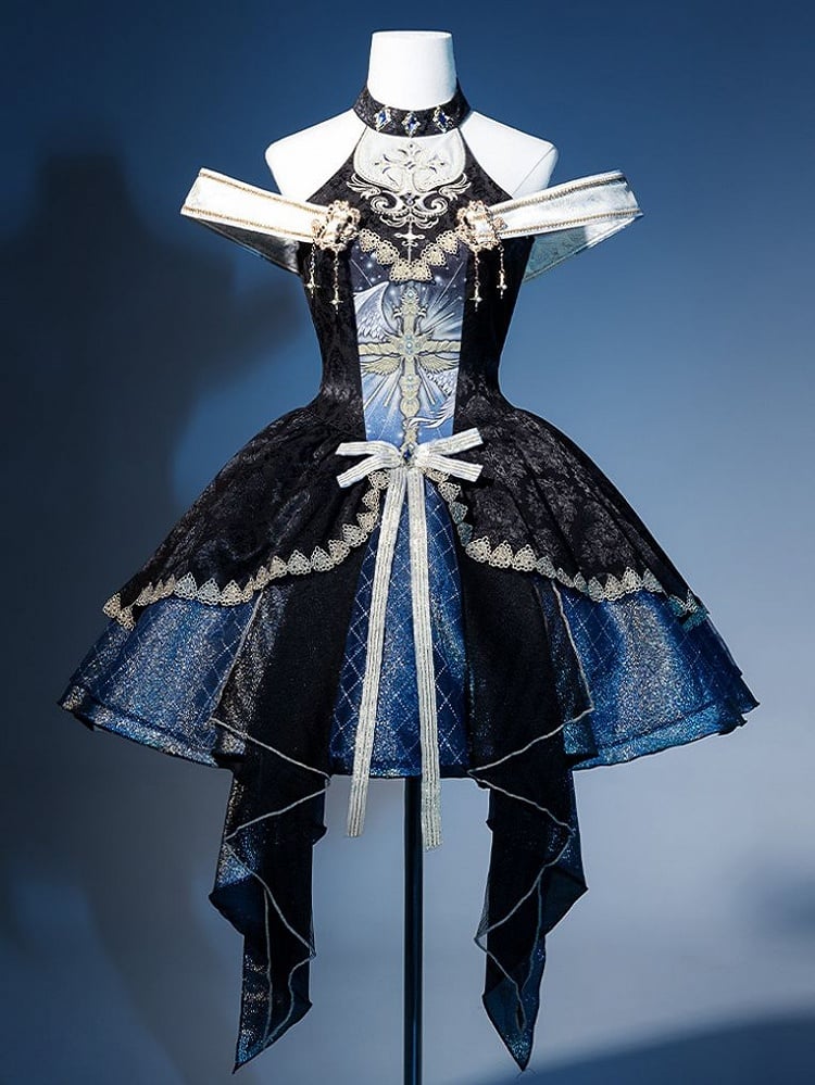 Skirt Cascading Front Design Ruffles Jumper Off-shoulder and Gothic Cross Neck Mock Print