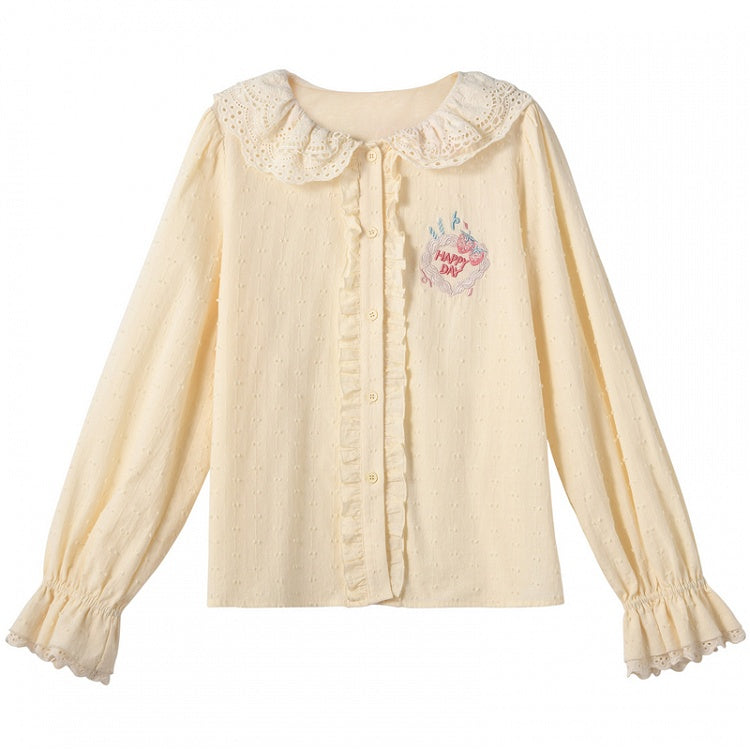 ゆめかわいいストロベリーケーキ刺繍入りクリーミーイエローレースピーターパンカラーブラウス