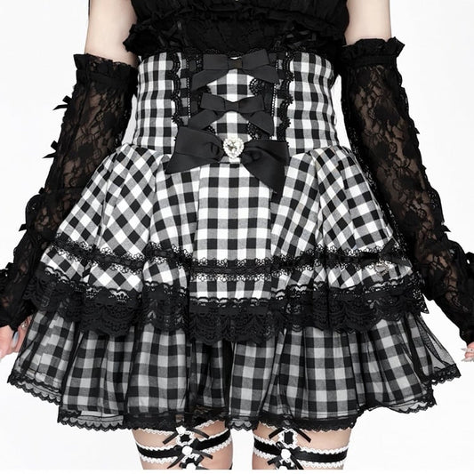 High-Waisted with Rhinestone Bow Lace Double-Layer Detail Skirt Kei Tulle White Decoration Black Gingham Jirai
