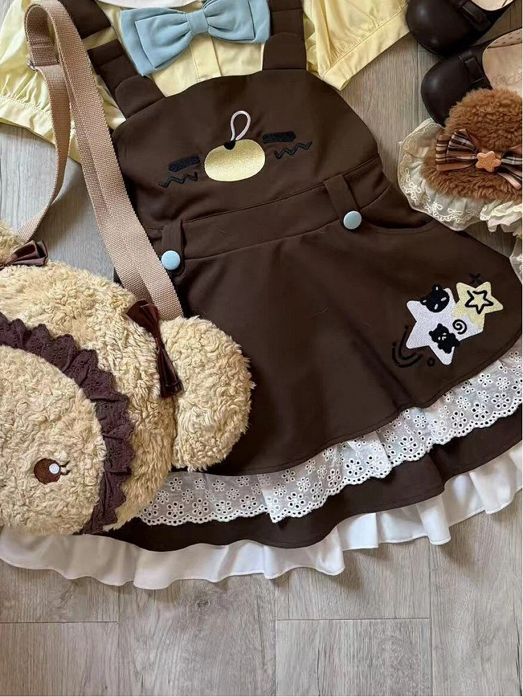 Brown Overall and with Dress Trim Lace Embroidery Bear