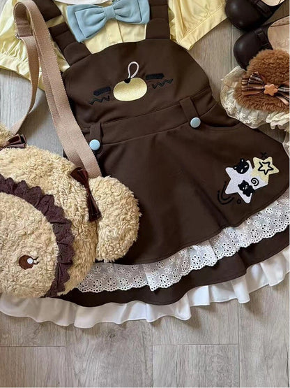 Brown Overall and with Dress Trim Lace Embroidery Bear