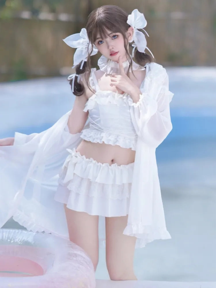 詳細 ティアードトリム ホワイト リボンフリルスカート + トップ 水着
