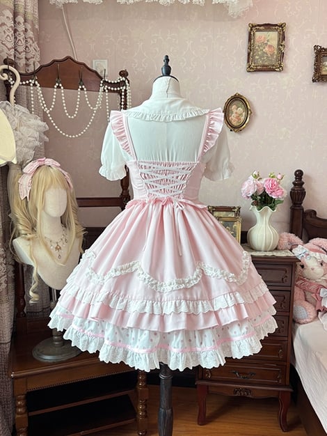 Süßes Lolita-Kleid mit gewelltem Rand und Erdbeerstickerei, Hellrosa JSK