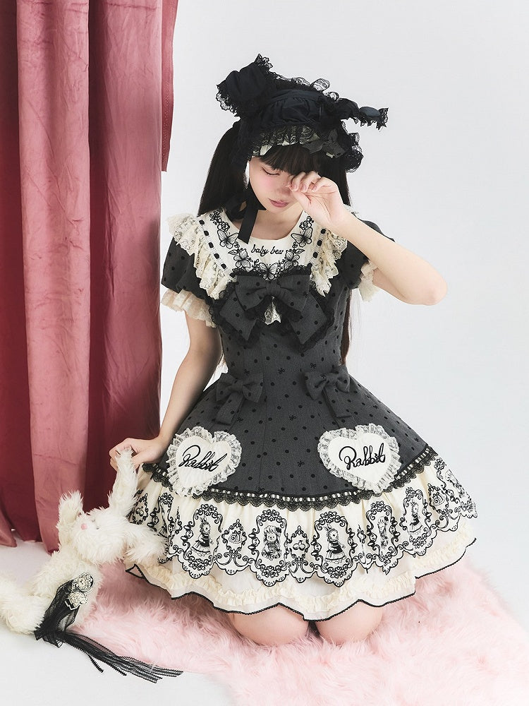 Gray Dot Sweet Lace-Trimmed Pattern Rabbit Dress Appliques with Polka Lolita Sweetheart