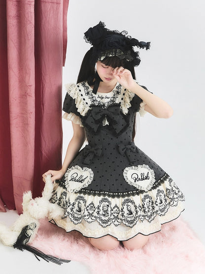 Gray Dot Sweet Lace-Trimmed Pattern Rabbit Dress Appliques with Polka Lolita Sweetheart