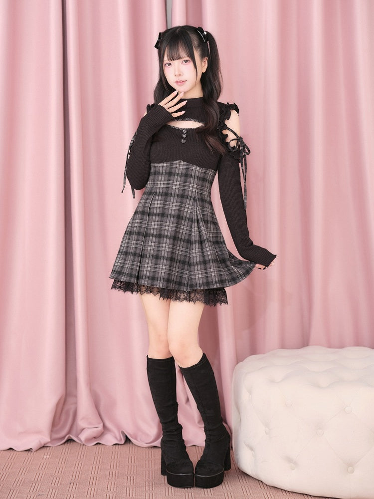 Black Cut-Out Shoulder Knit Plaid Dress with Lace Trim - No Genki