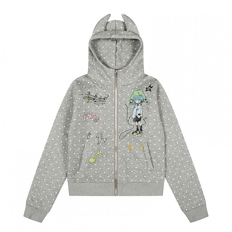 Jacket Polka-dot Pattern Hooded - Gray White