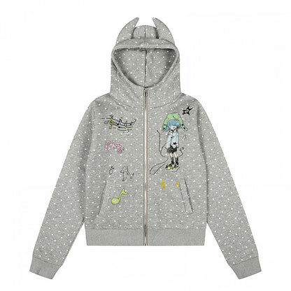 Jacket Polka-dot Pattern Hooded - Gray White
