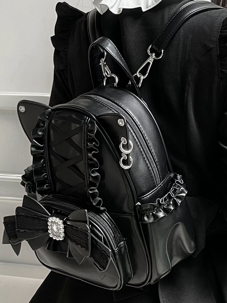 Schwarzer Kei-Rucksack mit Katzenohren und Perlen- und Strassschleife Jirai