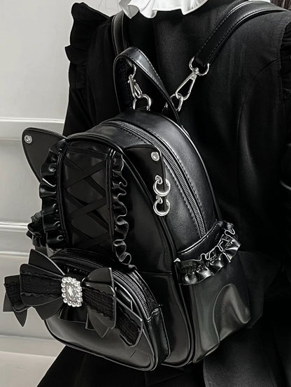 Black Kei Cat Ear Backpack With Beaded and Rhinestone Bow Jirai
