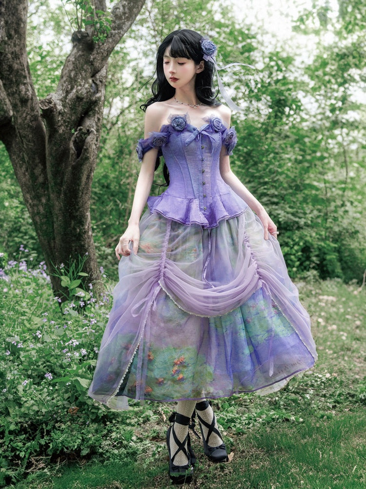 Korsett-Oberteil mit Stäbchen und abnehmbaren Blumenverzierungen, violetter Volantsaum