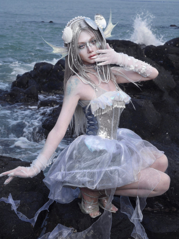 Pailletten Vogelkäfig + Quallen Kleid Overlay Korsett Stäbchen Saum Design Glänzend