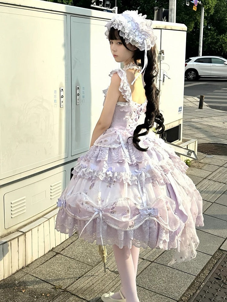 Hime Lolita Purple Dress Bows Halter with Lace Multiple Floral Neck Print Ruffles and