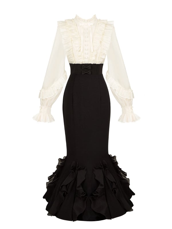 Beige Long Sleeve Blouse & Black Mermaid Skirt Boned Waist Lolita Dress - With PUJI