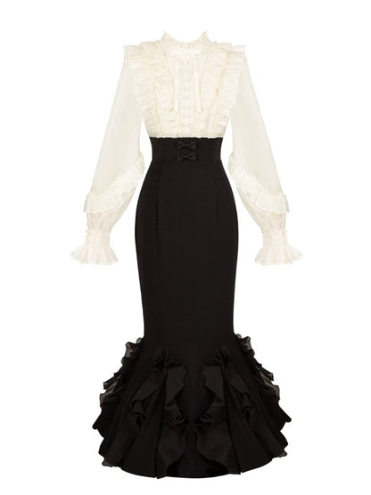 Beige Long Sleeve Blouse & Black Mermaid Skirt Boned Waist Lolita Dress - With PUJI