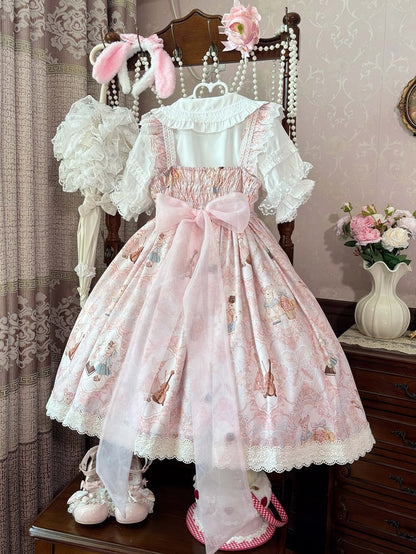 JSK Violin Dress Sweet and Lolita Waist High Bunny Print Pink
