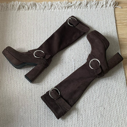 Details Brown Square Boots Toe Heel Knee-High with High Inner Zip Block Closure Buckle Platform