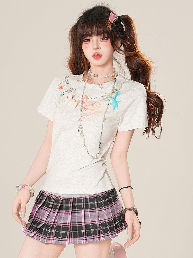 Cartoon T-Shirt Print Glamorous Charm Kette Grau