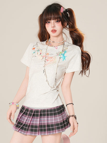 Cartoon T-Shirt Print Glamorous Charm Kette Grau