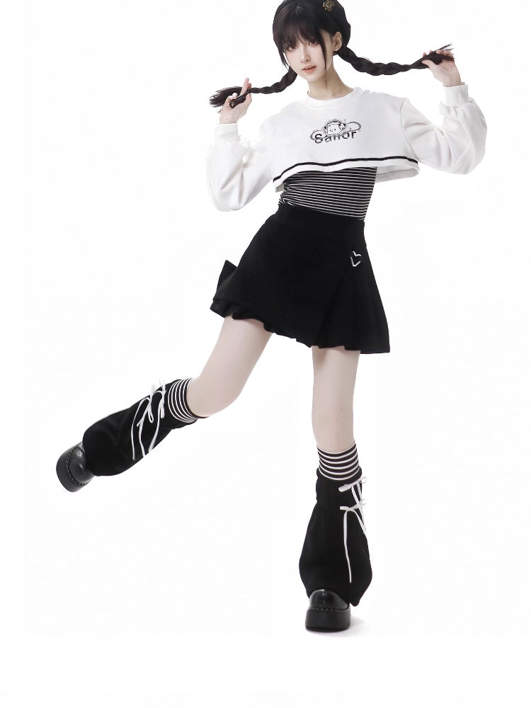 Gestreiftes Oberteil mit Welpen-Print und kurzem Sweatshirt-Set