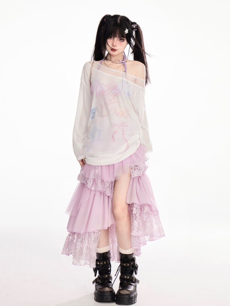 Design Waist Semi-Sheer Coverup White Asymmetrical Neckline Bowknot