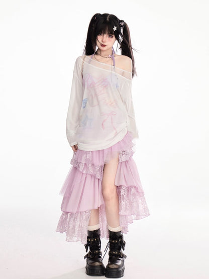 Design Waist Semi-Sheer Coverup White Asymmetrical Neckline Bowknot