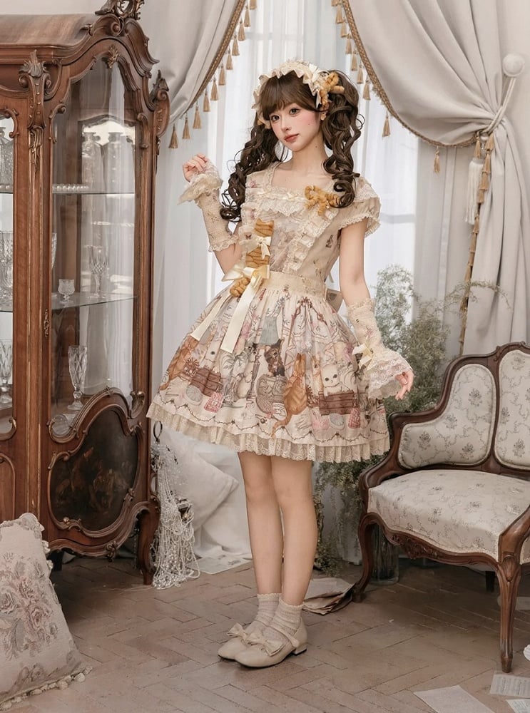 Beige Cat Print Square Neckline Sweet Lolita JSK Dress with Plush Cat Patch - NyaNya