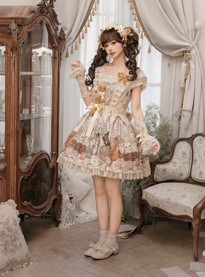 Beige Cat Print Square Neckline Sweet Lolita JSK Dress with Plush Cat Patch - NyaNya