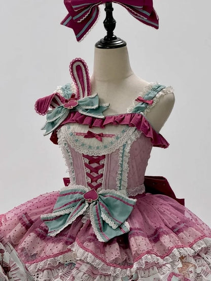 Pink & Green Bunny Ear Sweet Lolita Bow Brooch - Mewroco