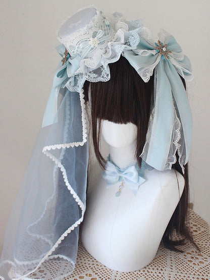 Blue Christmas Beaded Snow Bowknot Lace Trim Mini Hat With Veil