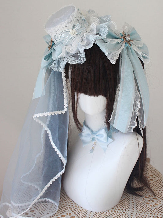 Blue Christmas Beaded Snow Bowknot Lace Trim Mini Hat With Veil